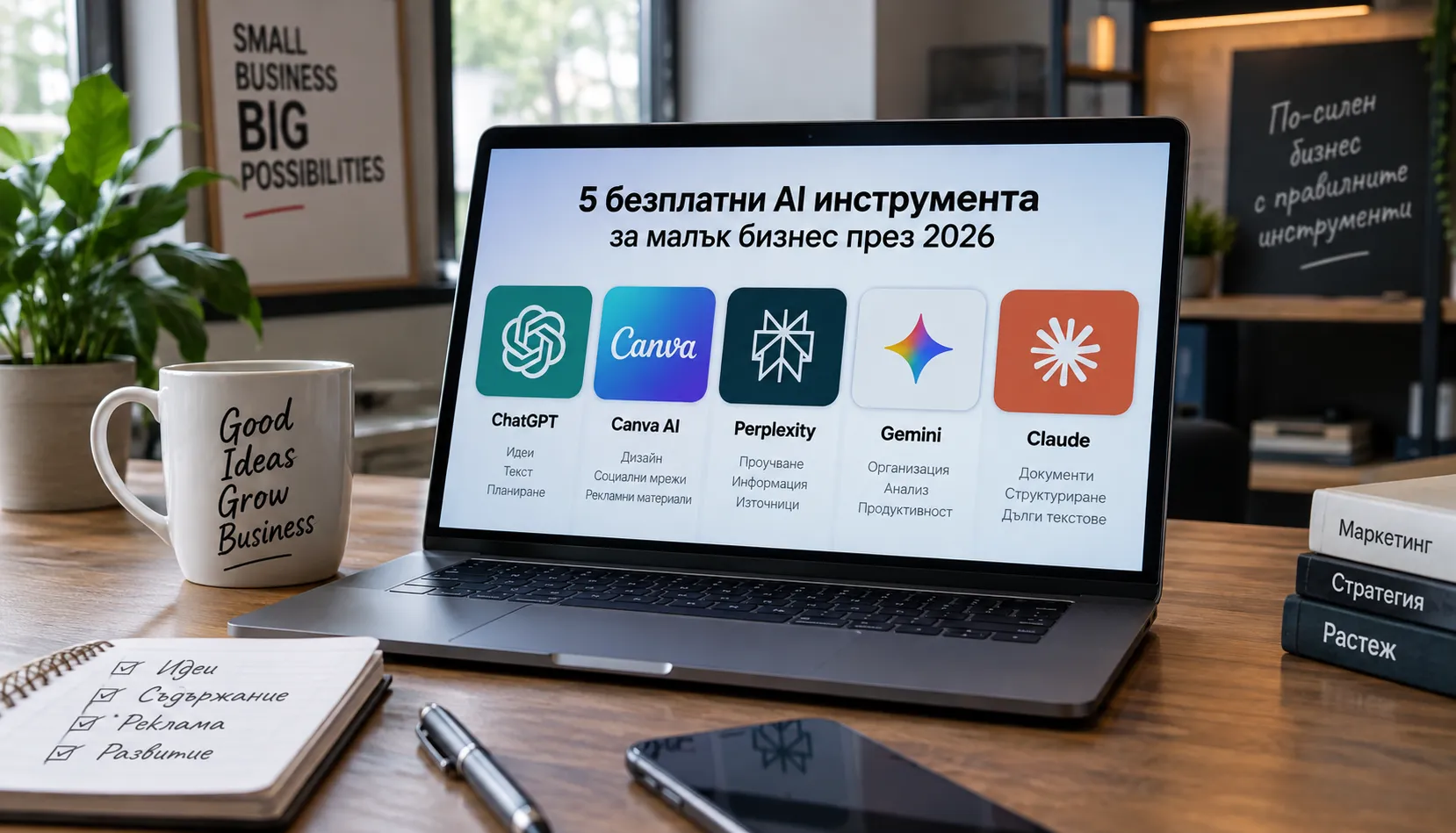 5 безплатни AI инструмента за малък бизнес – ChatGPT, Canva AI, Perplexity, Gemini и Claude